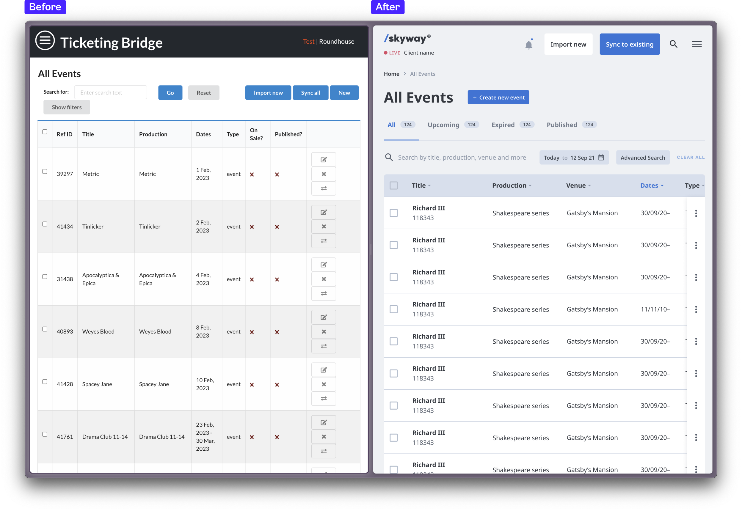 Screenshot comparing the before and after of the CMS' All Events section