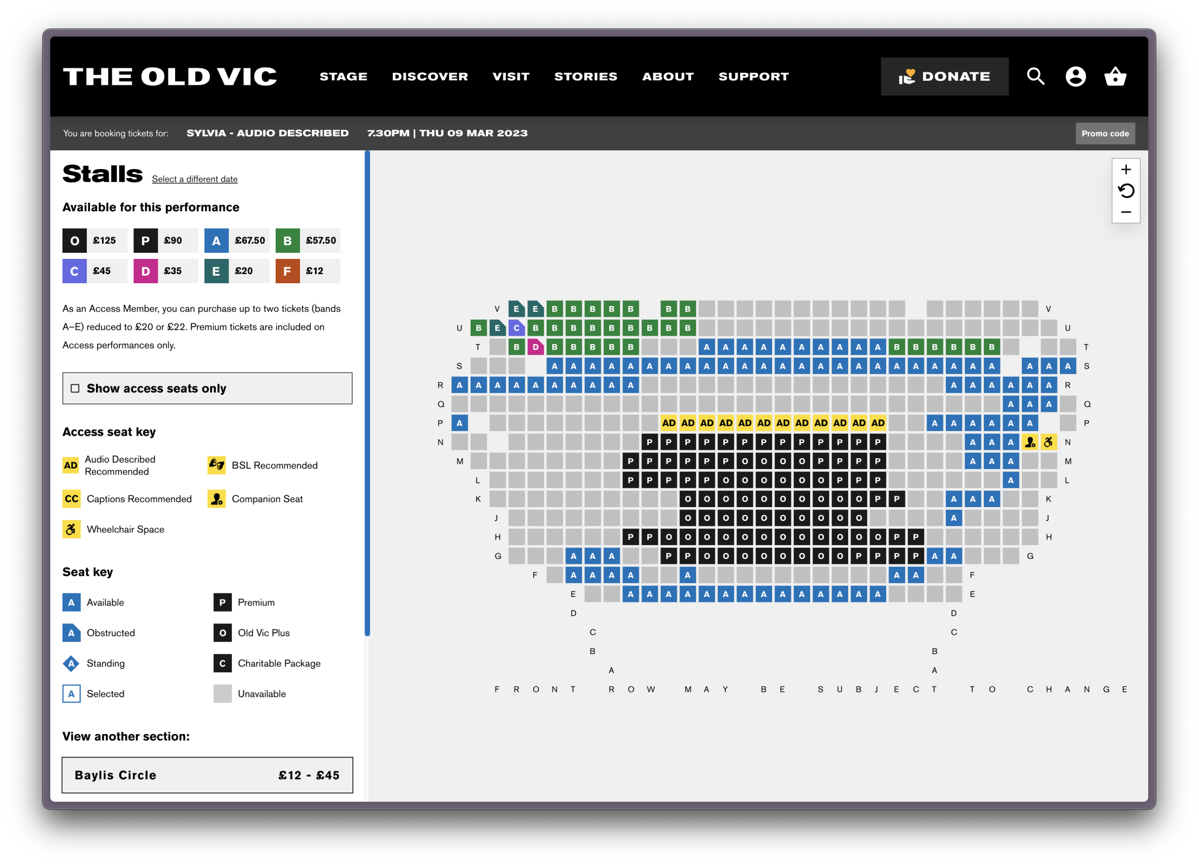 Screenshot of The Old Vic's seat map