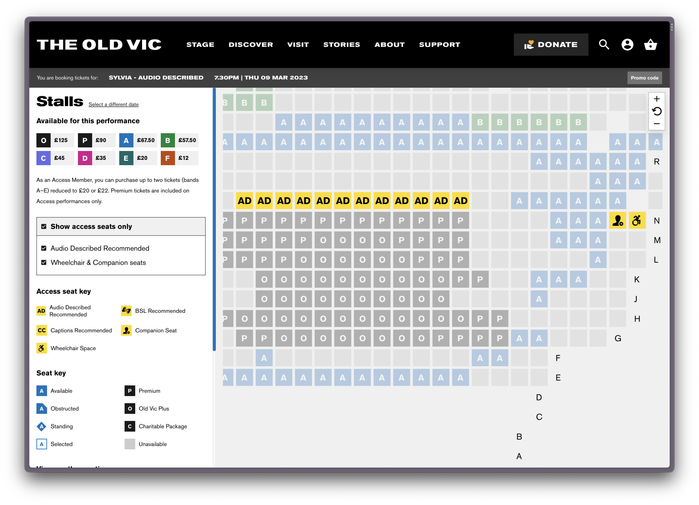 Screenshot of the Old Vic's seat map. Access-specific seats are highlighted, while other seats are shown faded.
