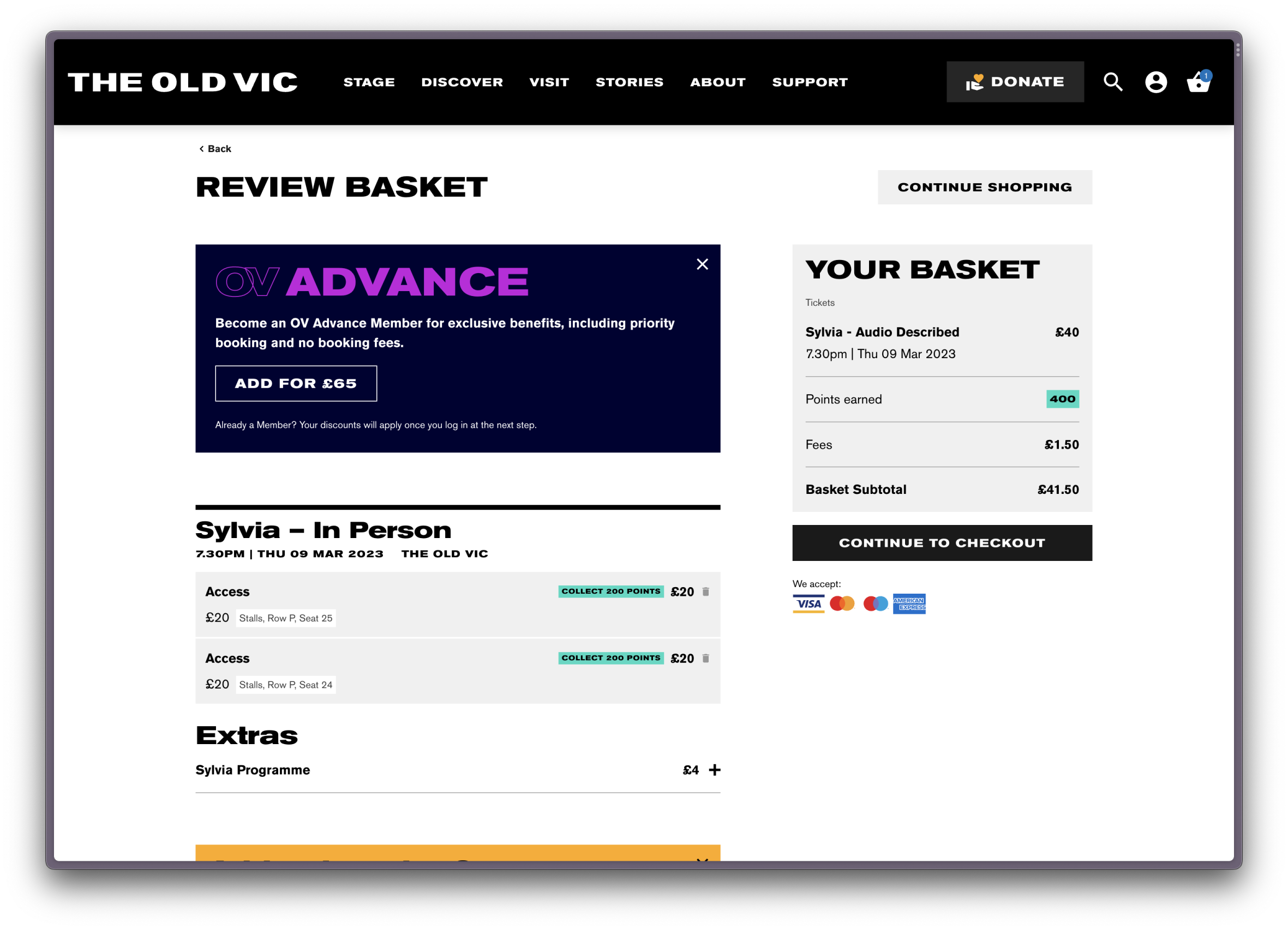 Screenshot of the Old Vic's basket page