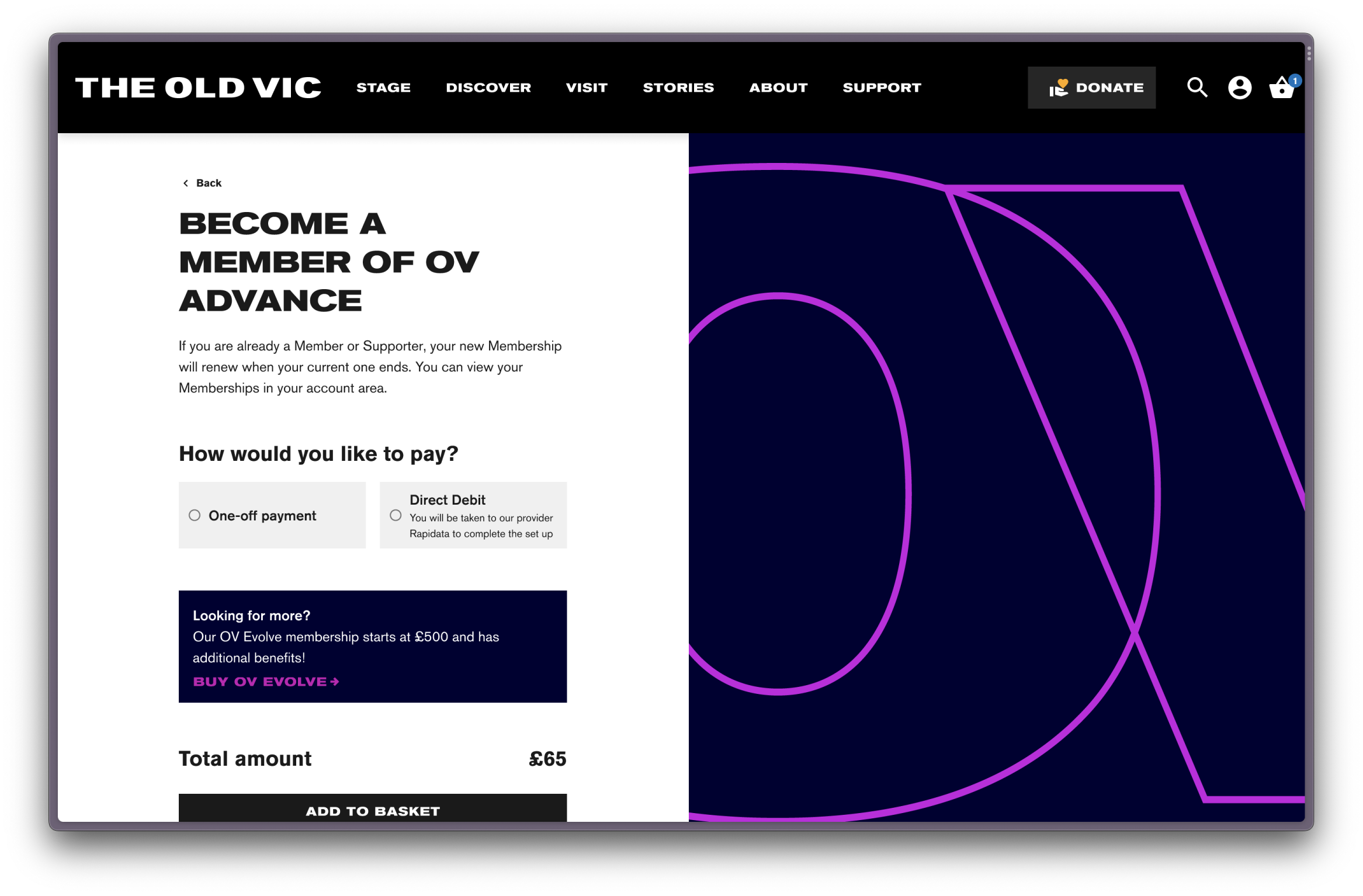 Screenshot of the Old Vic's membership journey. The title reads 'Become a member of OV Advance