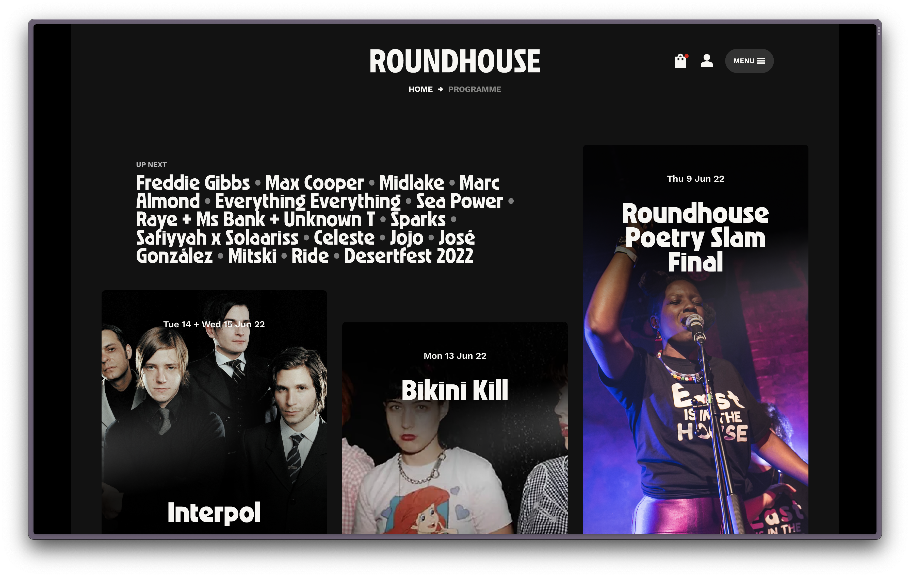 Screenshot of Roundhouse's new programme page, featuring a lineup of upcoming events, as well as three large event cards
