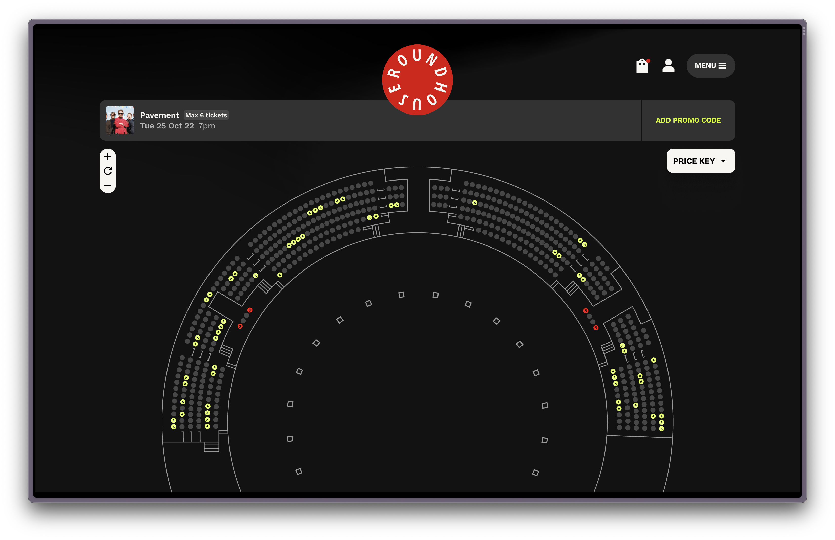 Screenshot of Roundhouse's seat map. The seatmap is displayed in the centre of the page, surrounded by a minimal UI.