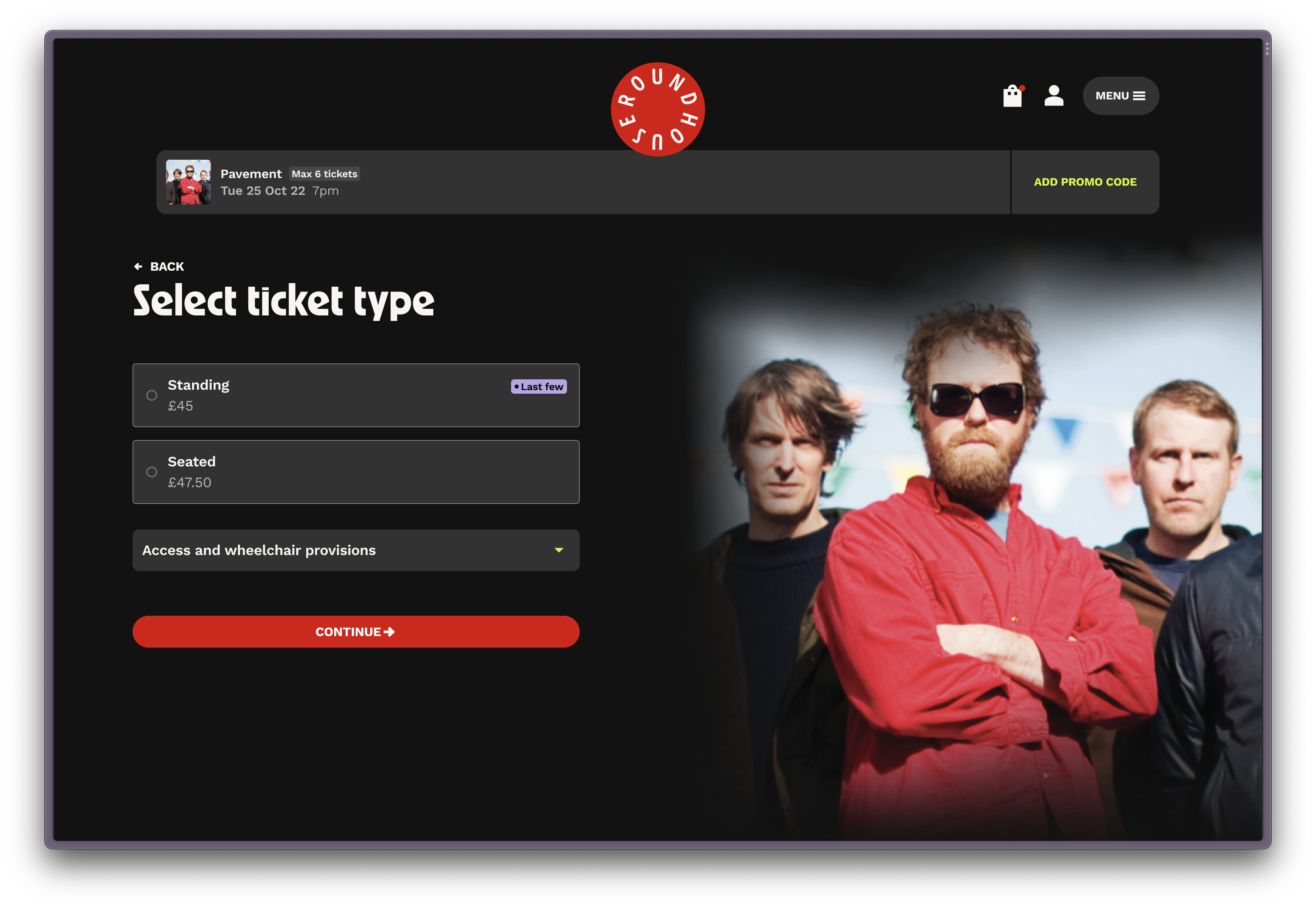 Screenshot showing the 'Select Ticket Type' step of Roundhouse's purchase path. Users are asked to select one of two radio buttons, standing or seated.