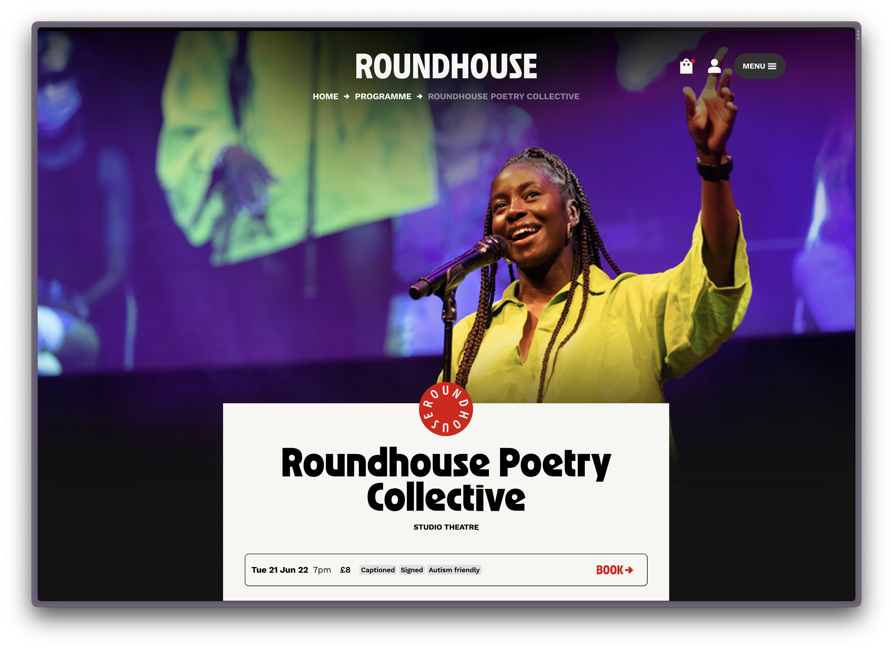 Screenshot of a Roundhouse single event page, for an event called Roundhouse Poetry Collective. The full bleed hero image blends into the background, and the main event information is displayed prominently in the centre of theh page.