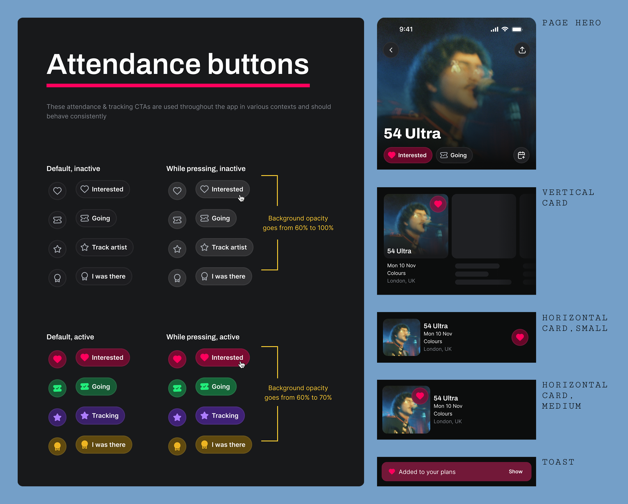 Design documentation for the new Interested/Going CTA components as small buttons, full buttons, and as part of various event cards.