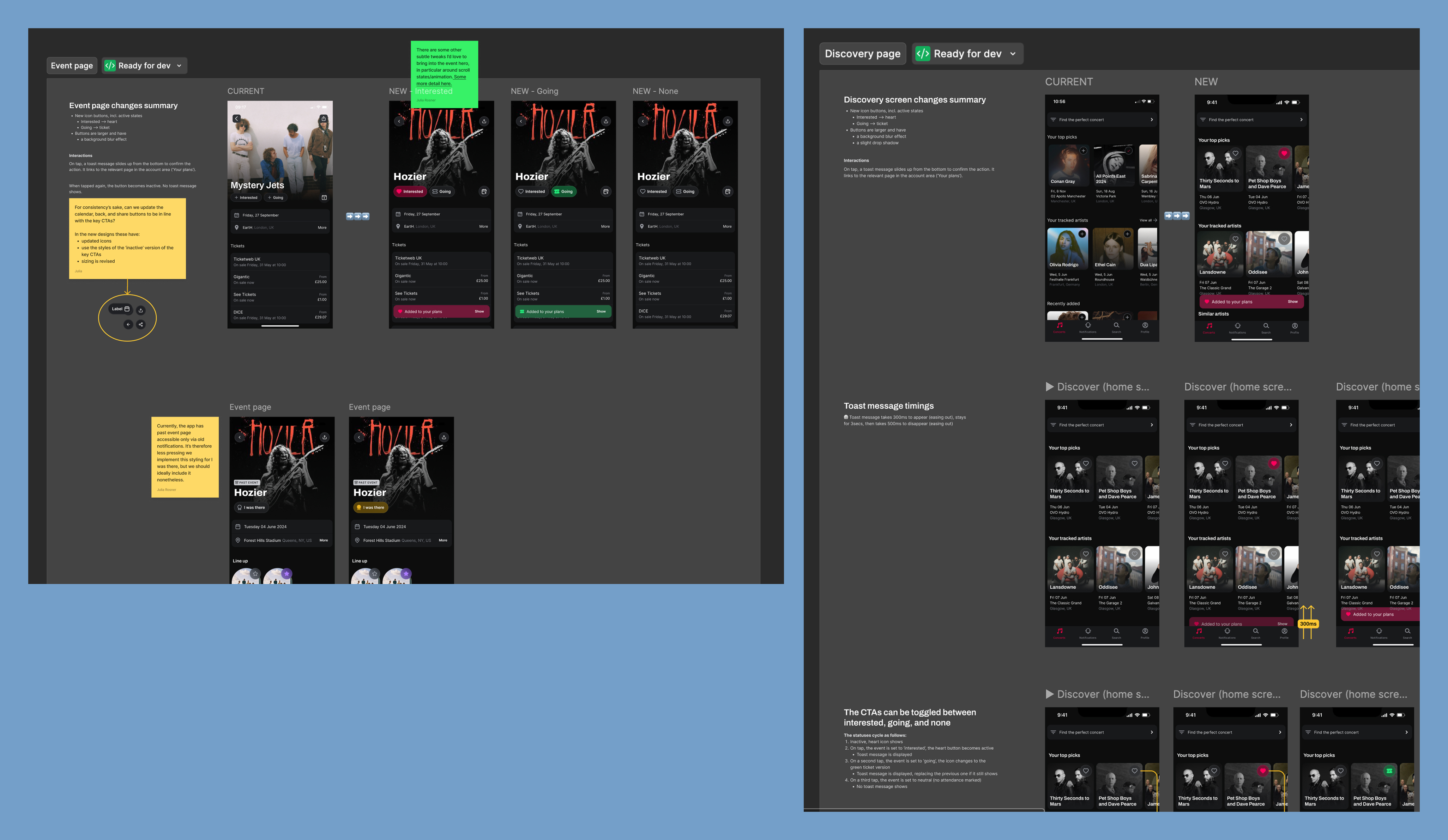Documented attendance component designs annotated across all relevant user flows