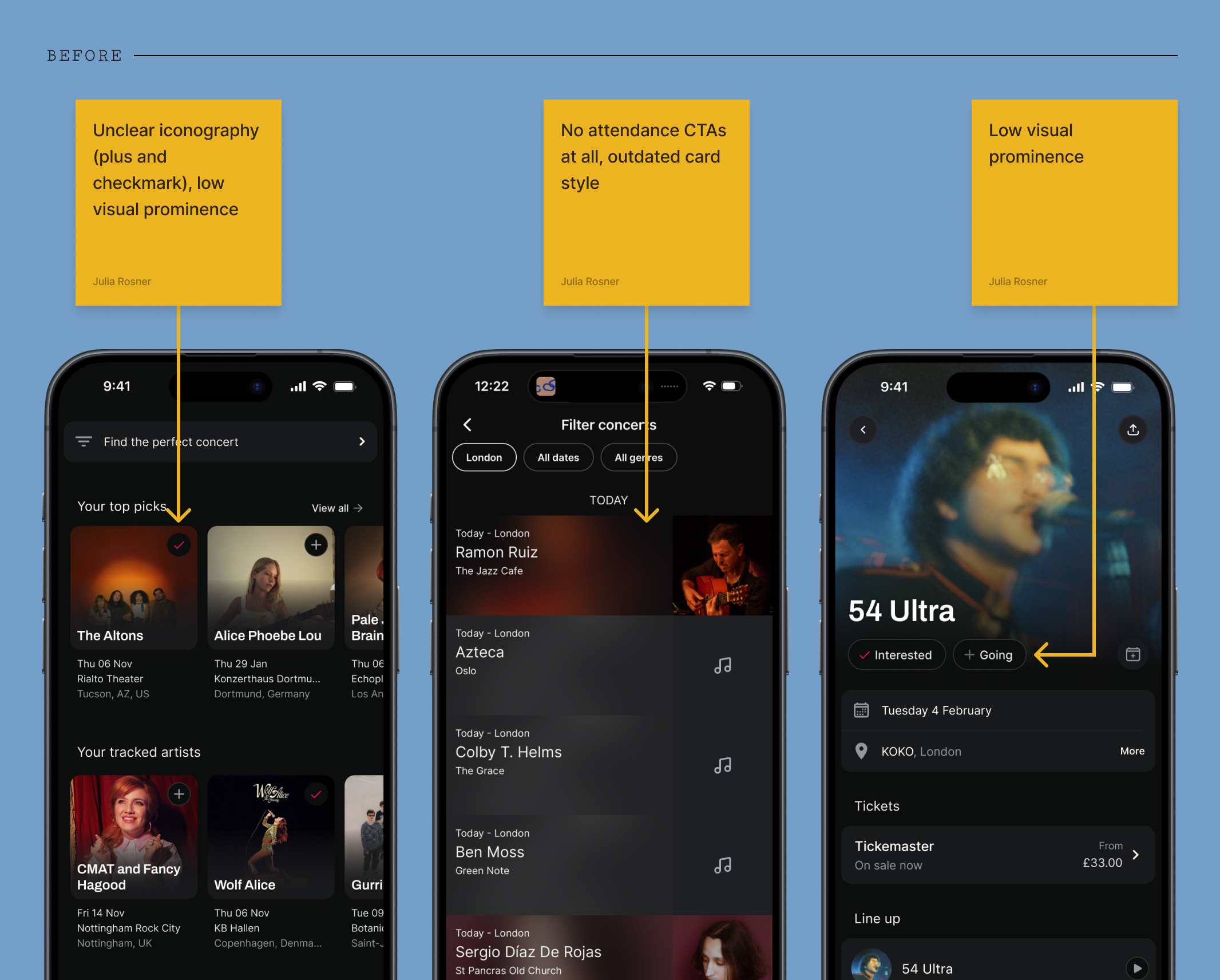 Three old Songkick screenshots showcasing where engagement mechanisms are failing.