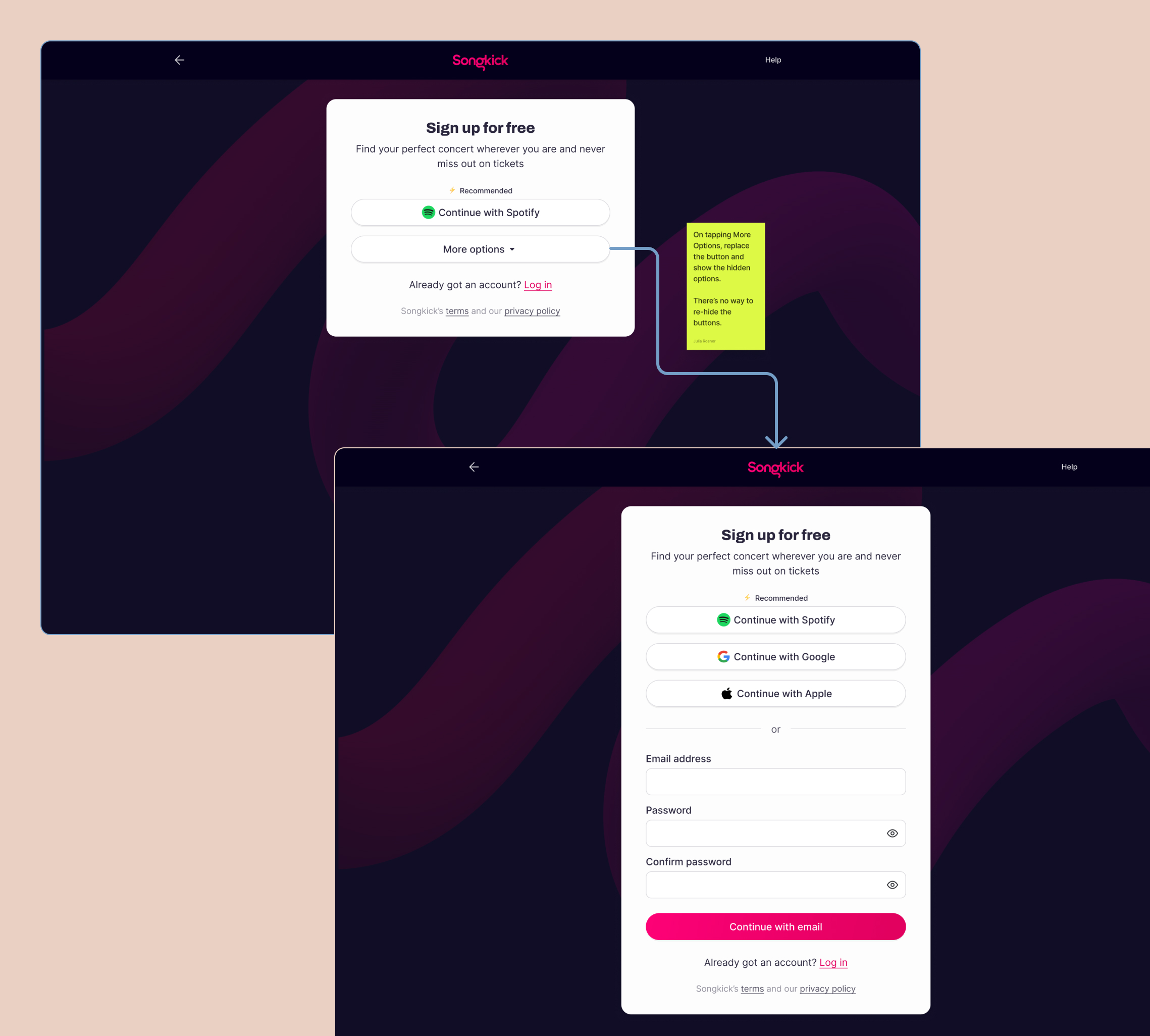 Proposed design for Experiment 3: catching Spotify users earlier by surfacing Spotify sign-up first in the funnel