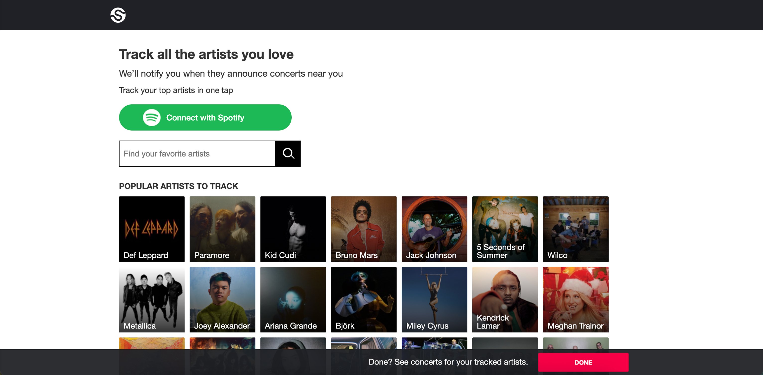 Songkick screenshot showing a page titled 'Track all the artists you love' follwed by a 'Connect with Spotify' button, 'Find your favorite artists' search field, and grid of artists to click to track.