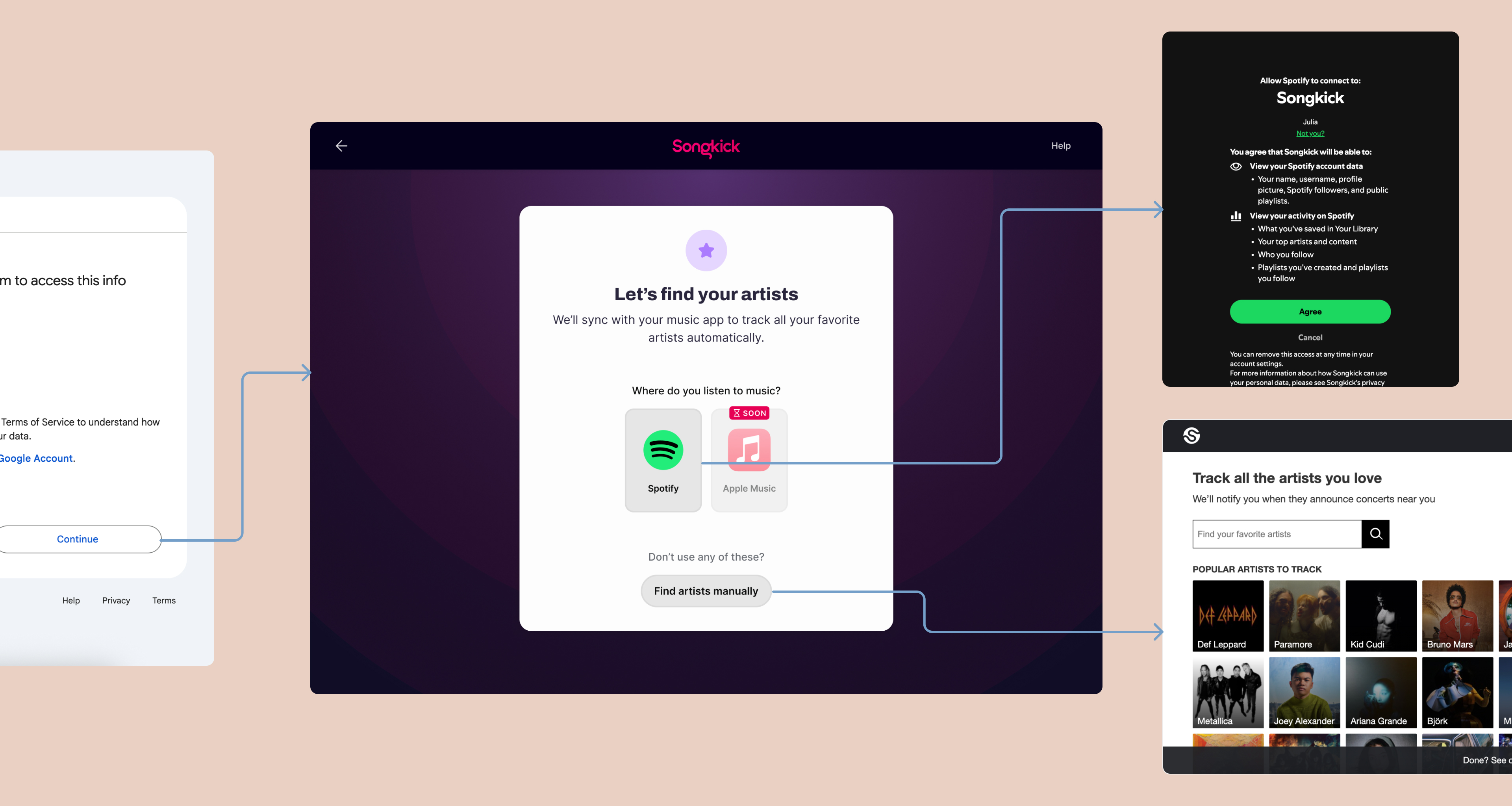 Design of Experiment 1: redesigned Spotify connect screen shown during onboarding for non-Spotify sign-ups