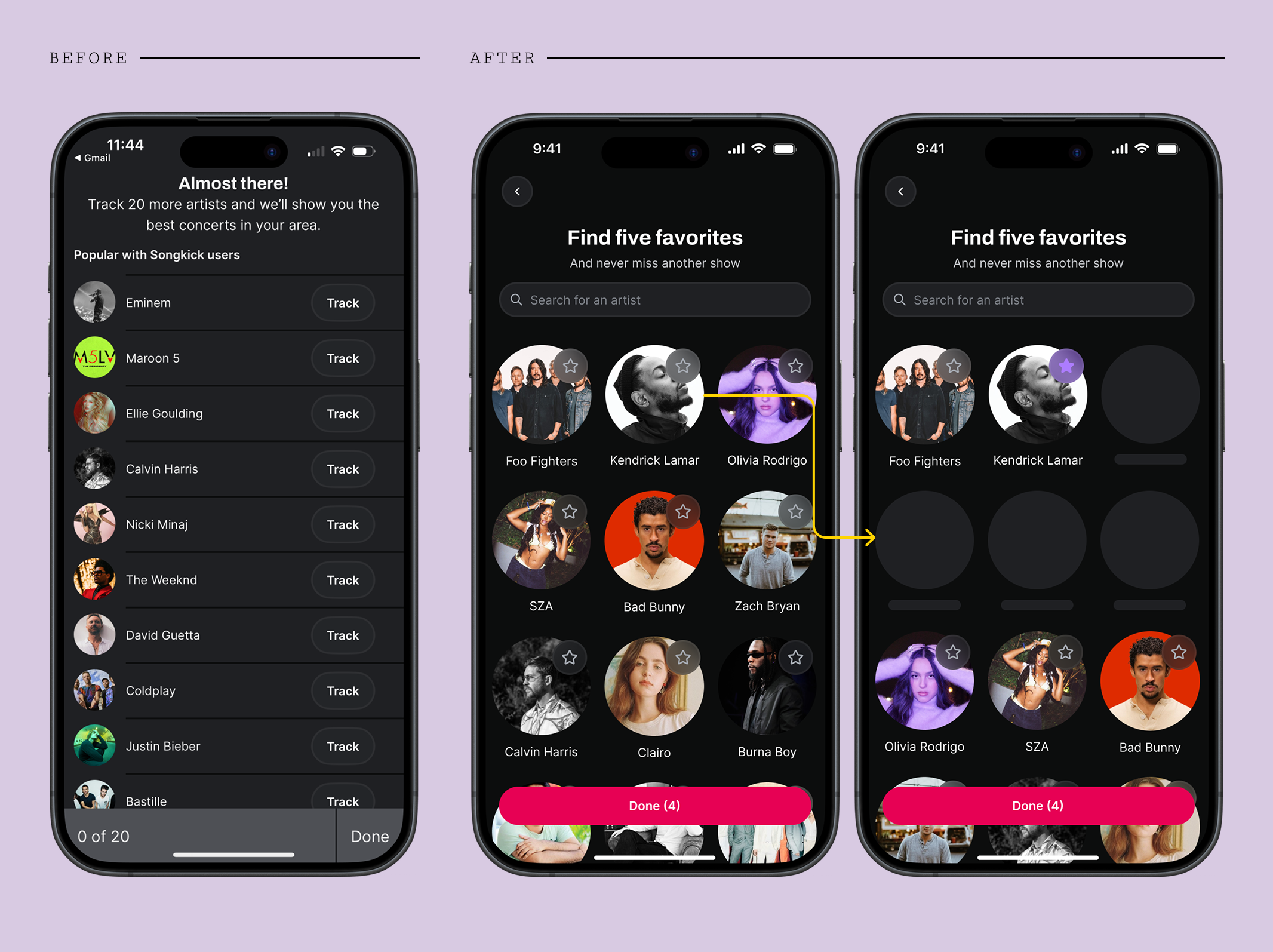 Before and After of the manual artist tracking flow showing the redesigned search and selection experience.