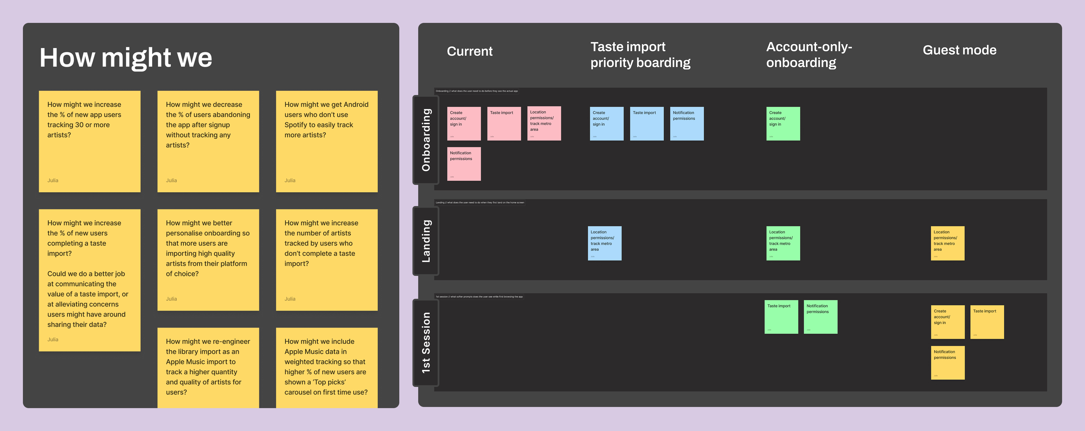 Figma screenshot of a number of How Might We sticky notes, as well as some early user flow ideations.